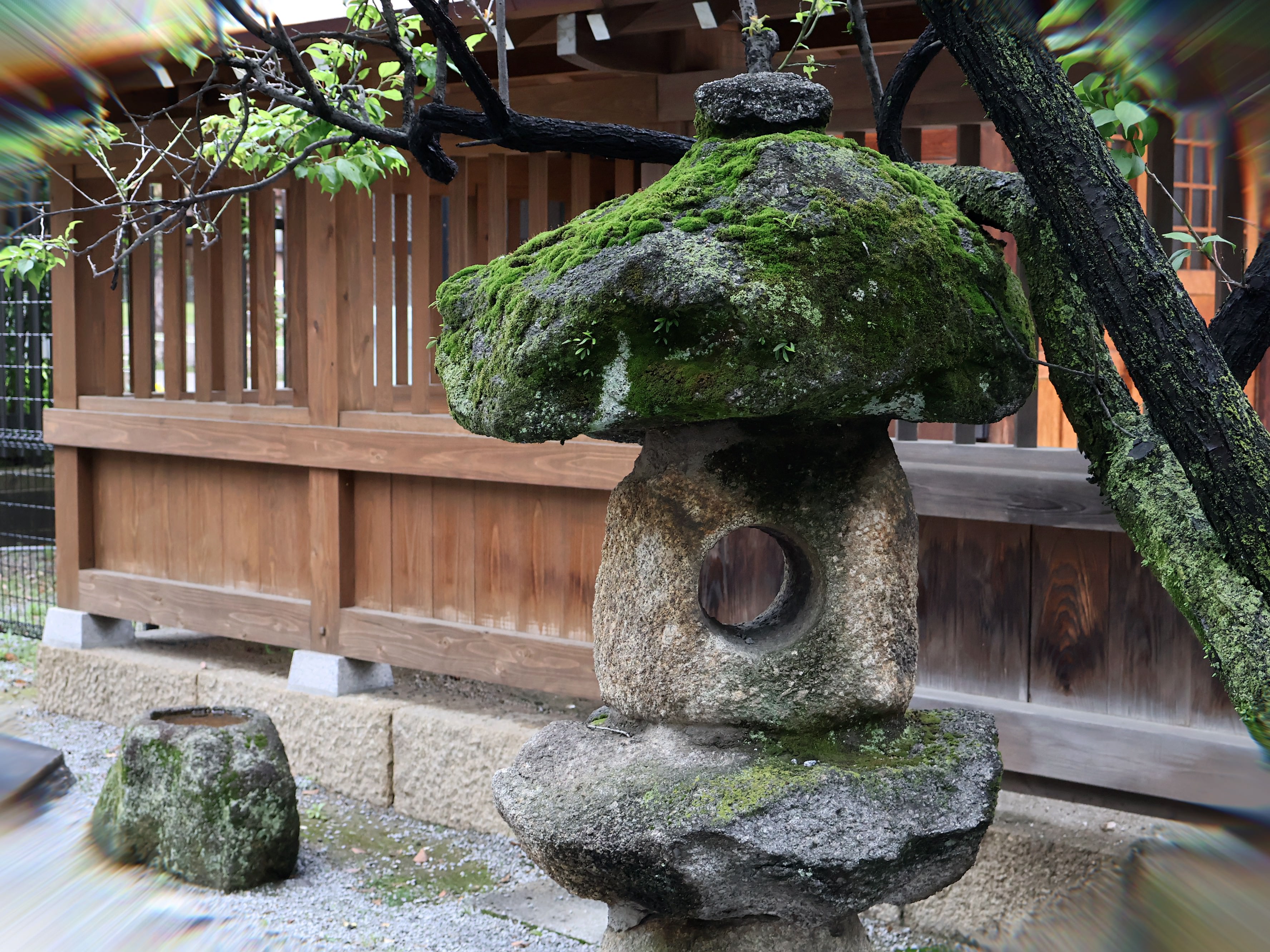 A mossy stone lantern in a traditional Japanese garden with visible  chromatic aberration glowing at the corners of the frame — a real  example of Retrica's new Prism filter applied to an everyday photo