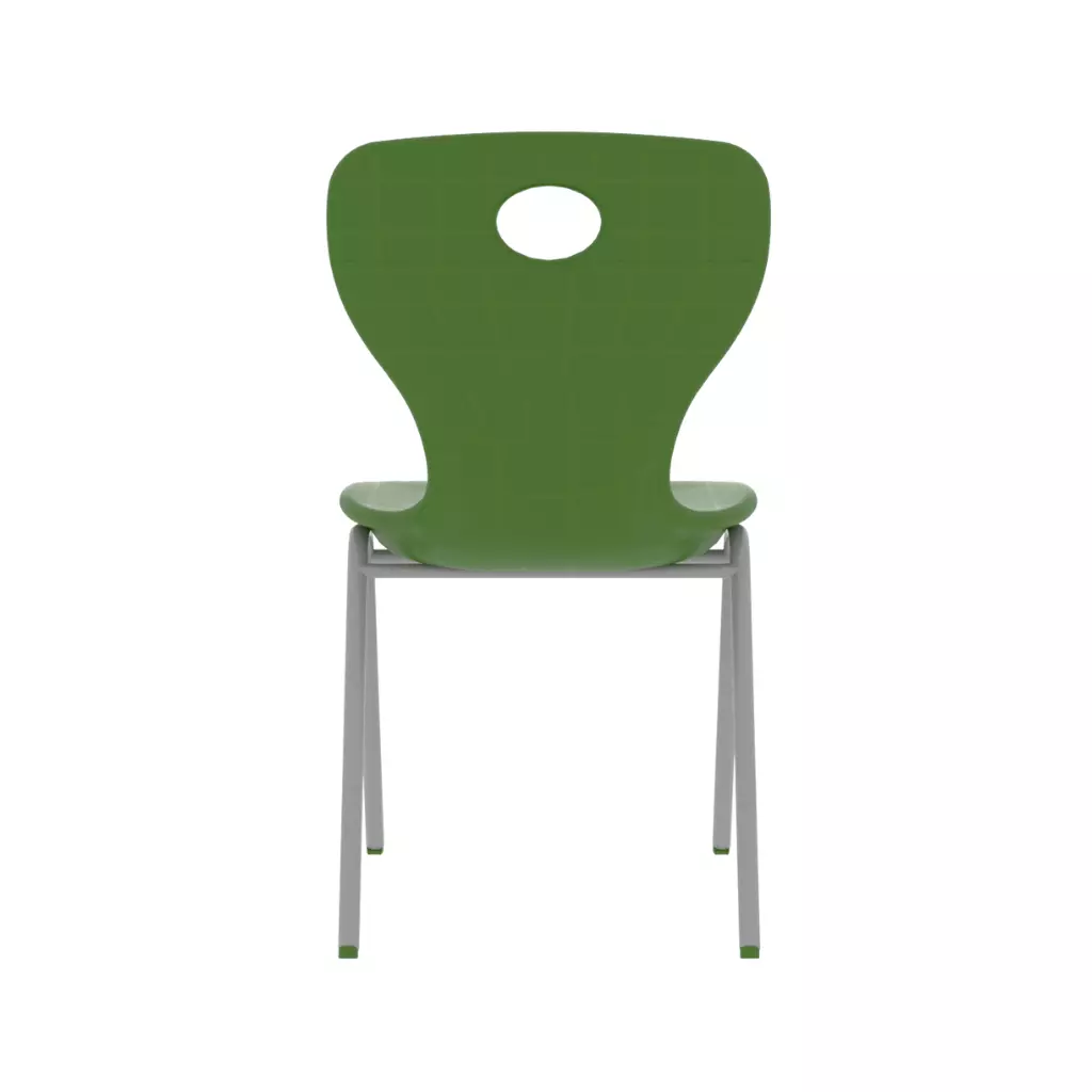 Green plastic school chair back view with metal frame