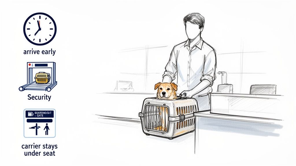 An illustration of a man with his dog in a carrier at an airport, showing pet travel rules.