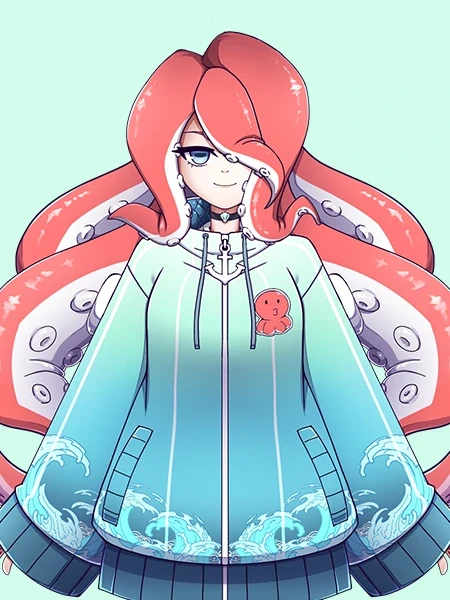 VTuber model example featuring a hoodie-wearing character with octopus-inspired design, displayed in static artwork and GIF motion sample as part of a client testimonial.