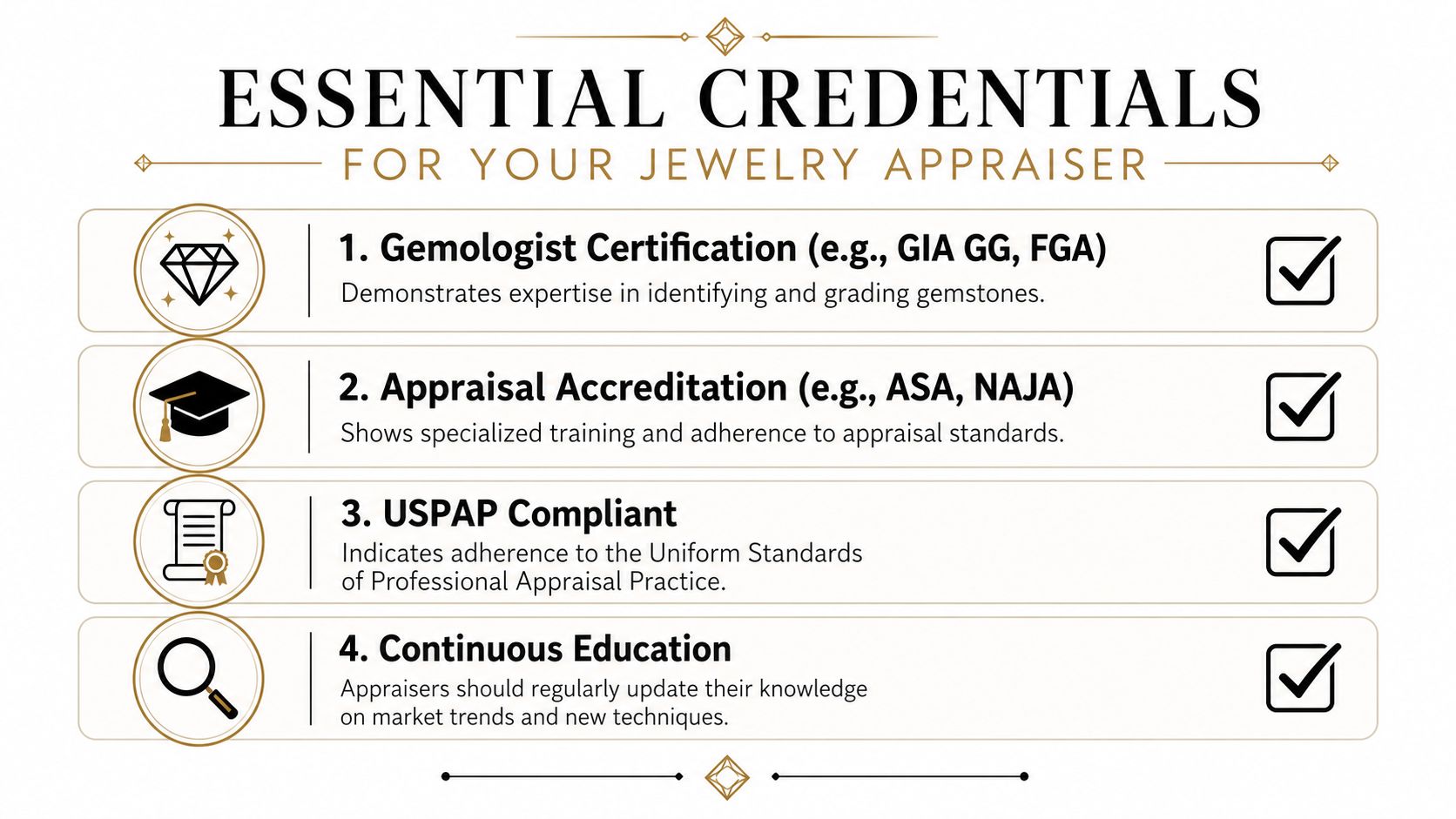 An infographic detailing four essential professional credentials for a qualified and certified jewelry appraiser.