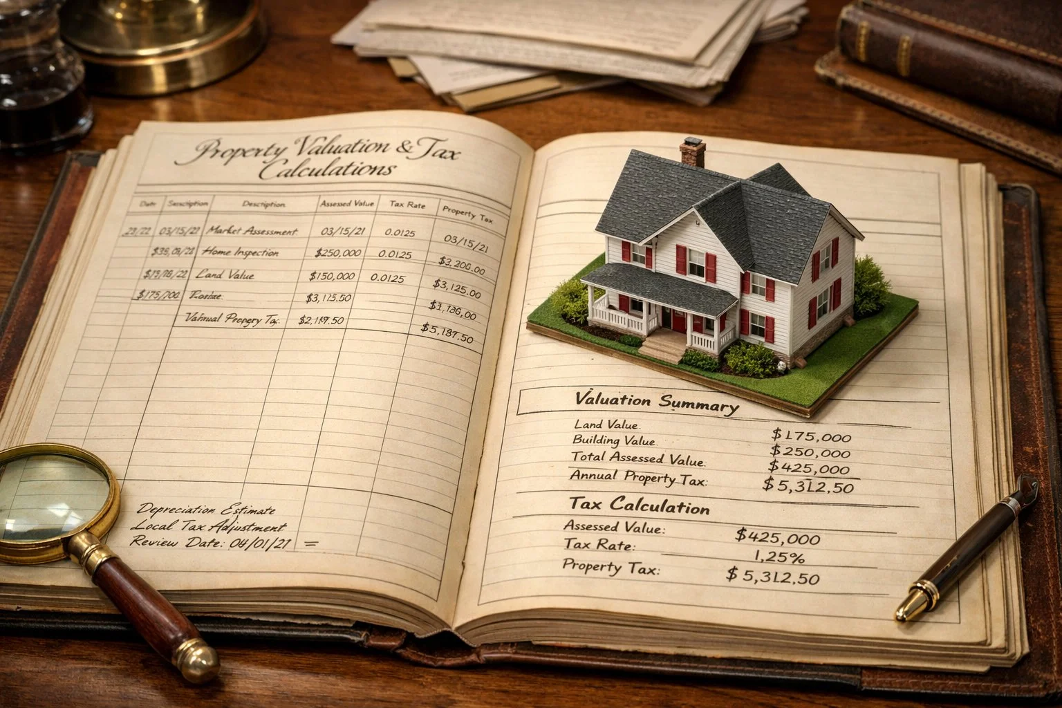 Open ledger book with a small house model on top, representing property valuation and tax calculations.