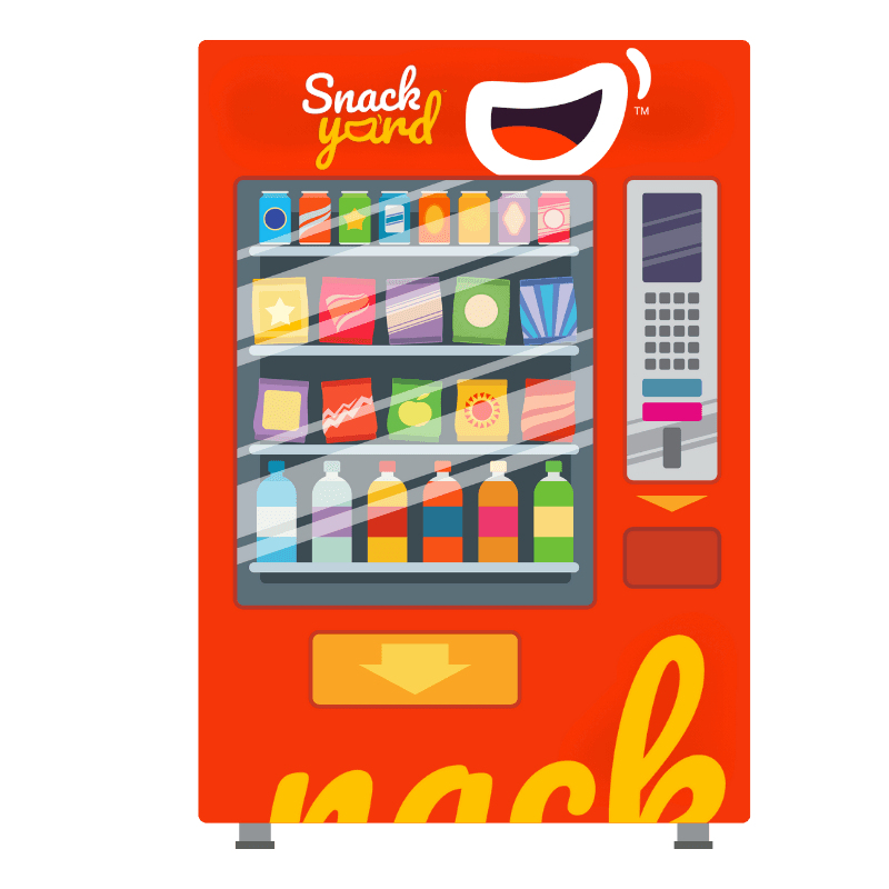 Graphic featuring a bright red Snack Yard vending machine filled with assorted drinks and snacks on the right. On the left, bold text reads “5,000+ Vending machines” with smaller text stating they showcase products at airports, rail stations, and sports stadiums.