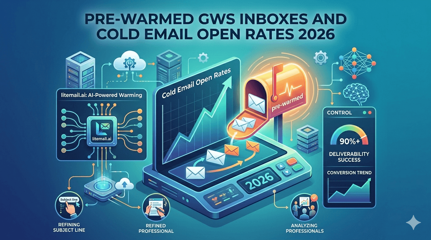 how pre-warmed inboxes improve cold email deliverability in 2026, featuring a laptop warming up email reputation, rising graph, envelopes with checkmarks, and a rocket symbolizing improved performance.