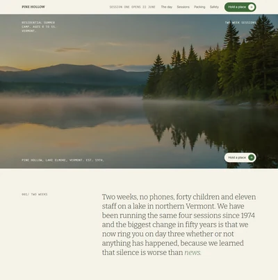 Summer camp website built with AI showing a full bleed Vermont lake photo, mono corner captions and a serif statement about two weeks without phones