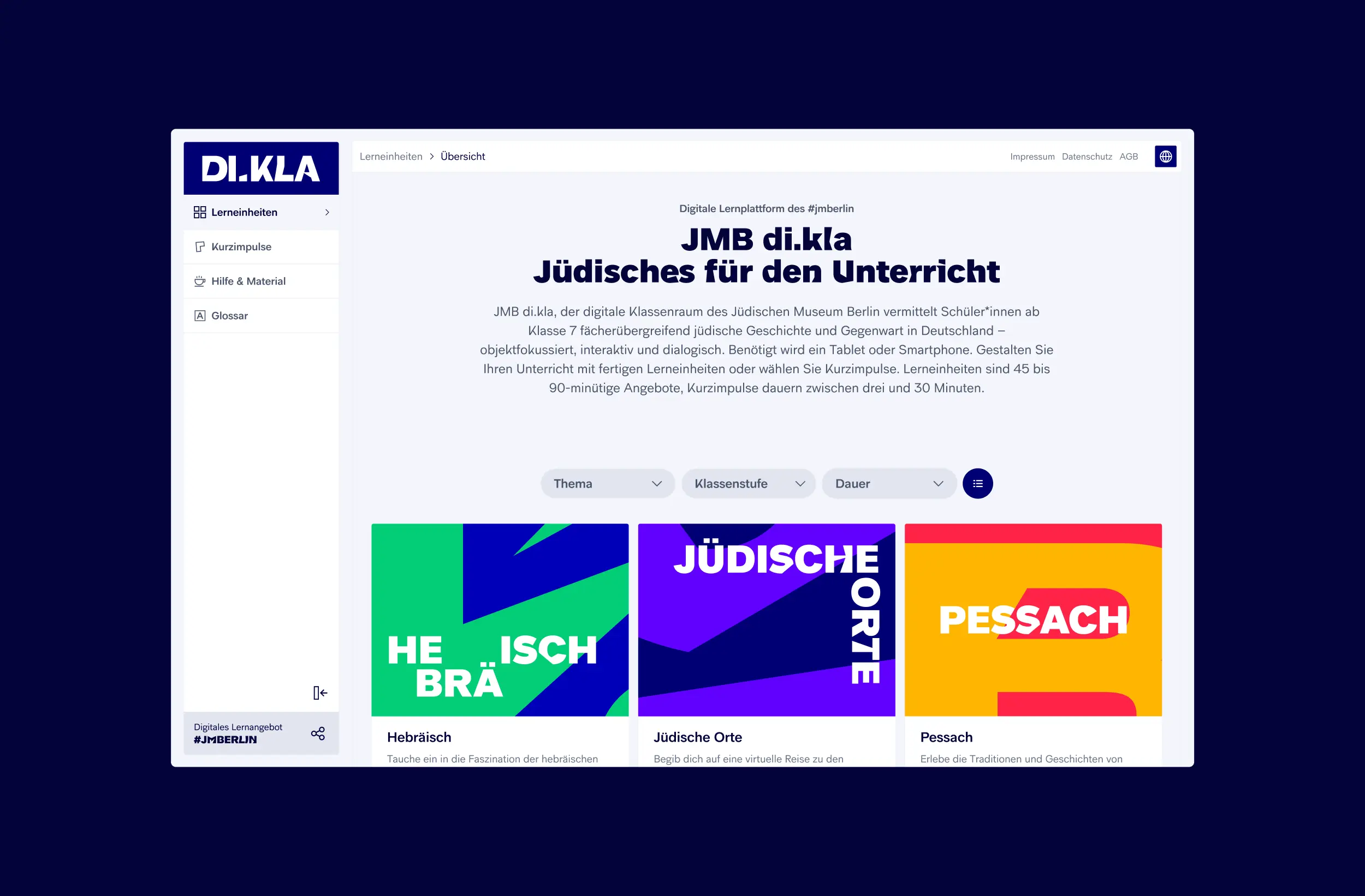Marketing-Screen DI.KLA mit Einleitungstext für Klasse 7+ und Tablet-/Smartphone-Darstellung