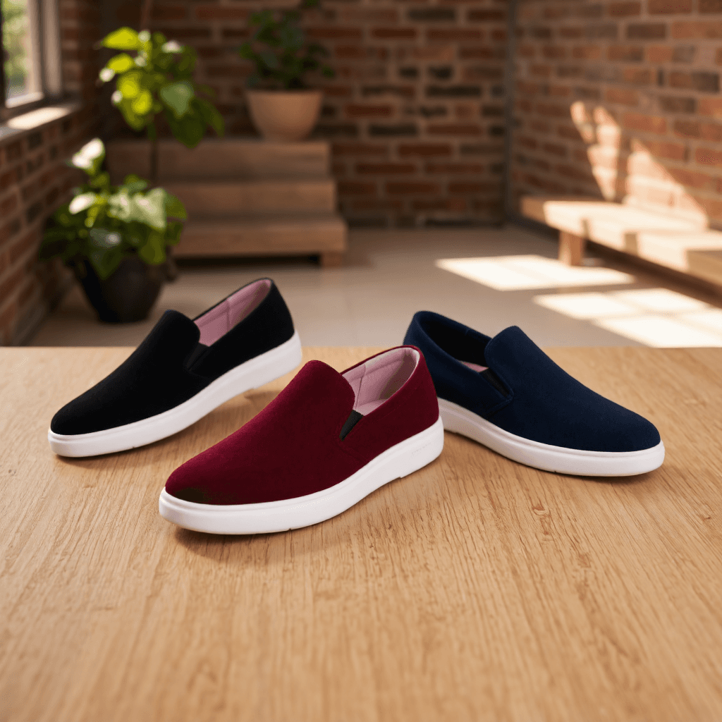 product photography of a pair of slip-on shoes in three colors (black, burgundy, navy)