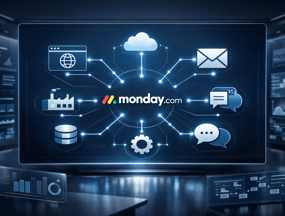 Seamless website integration with monday.com: A digital ecosystem showing how a website connects to monday.com as a central hub for process optimization and efficient workflows.