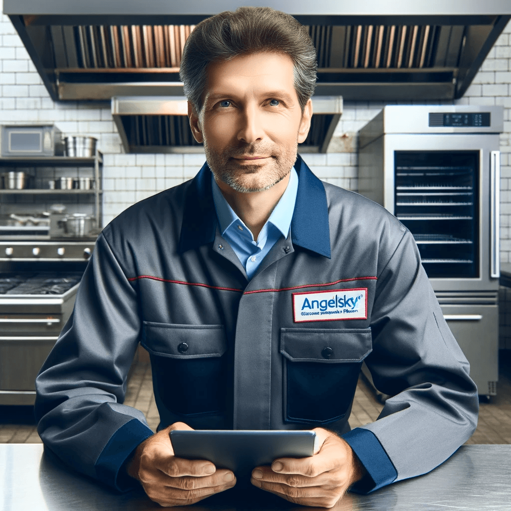 a man around 45-50 years old, dressed in a technician's uniform branded 'AngelSky', working in a traditional industrial kitchen