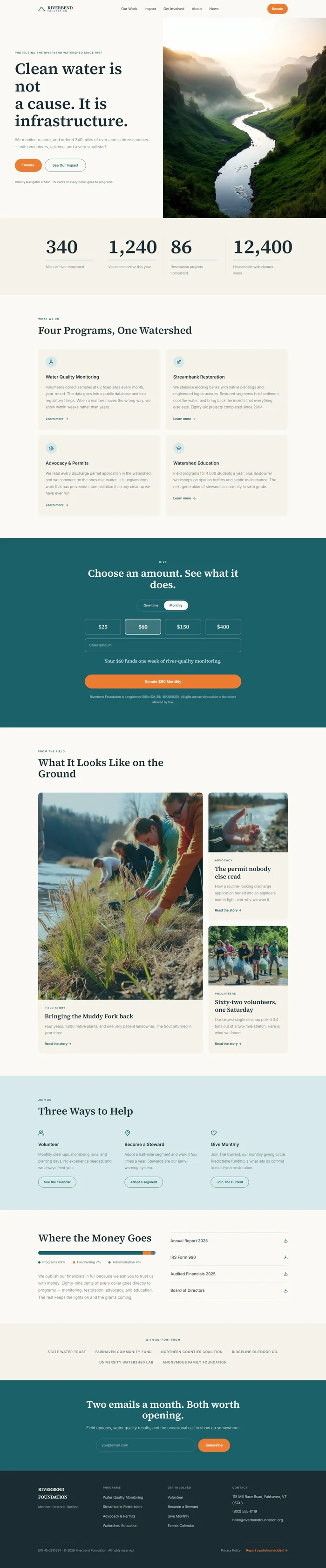 Full nonprofit website design: river hero, programs, donation tiers, field stories, transparency