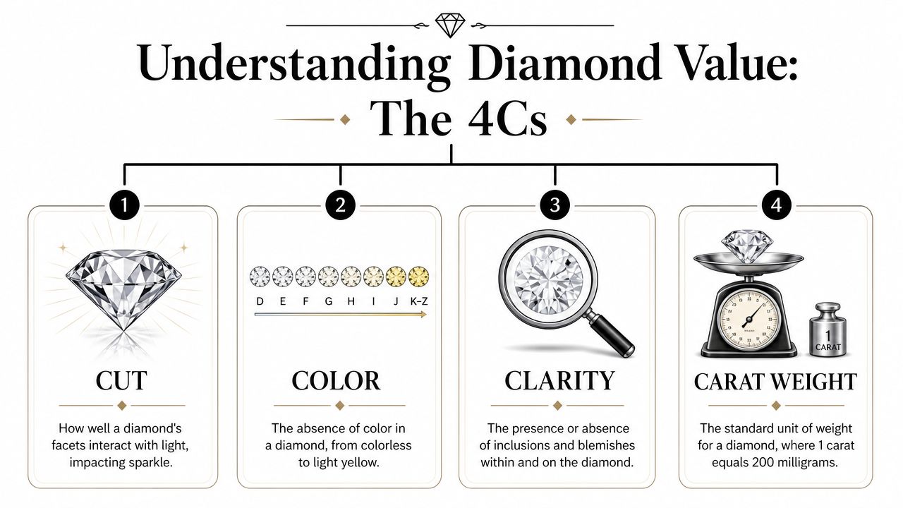 An infographic explaining the 4Cs of diamond quality: Cut, Color, Clarity, and Carat Weight.