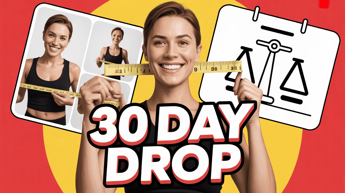 30-Day Weight Loss Tracker Thumbnail Template featuring before-and-after collage with creator holding tape measure smiling confidently, calendar ov...