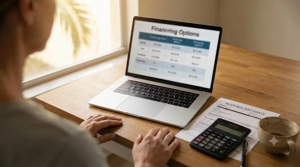 Homeowner comparing roof financing options and a roofing estimate at a kitchen table in South Florida