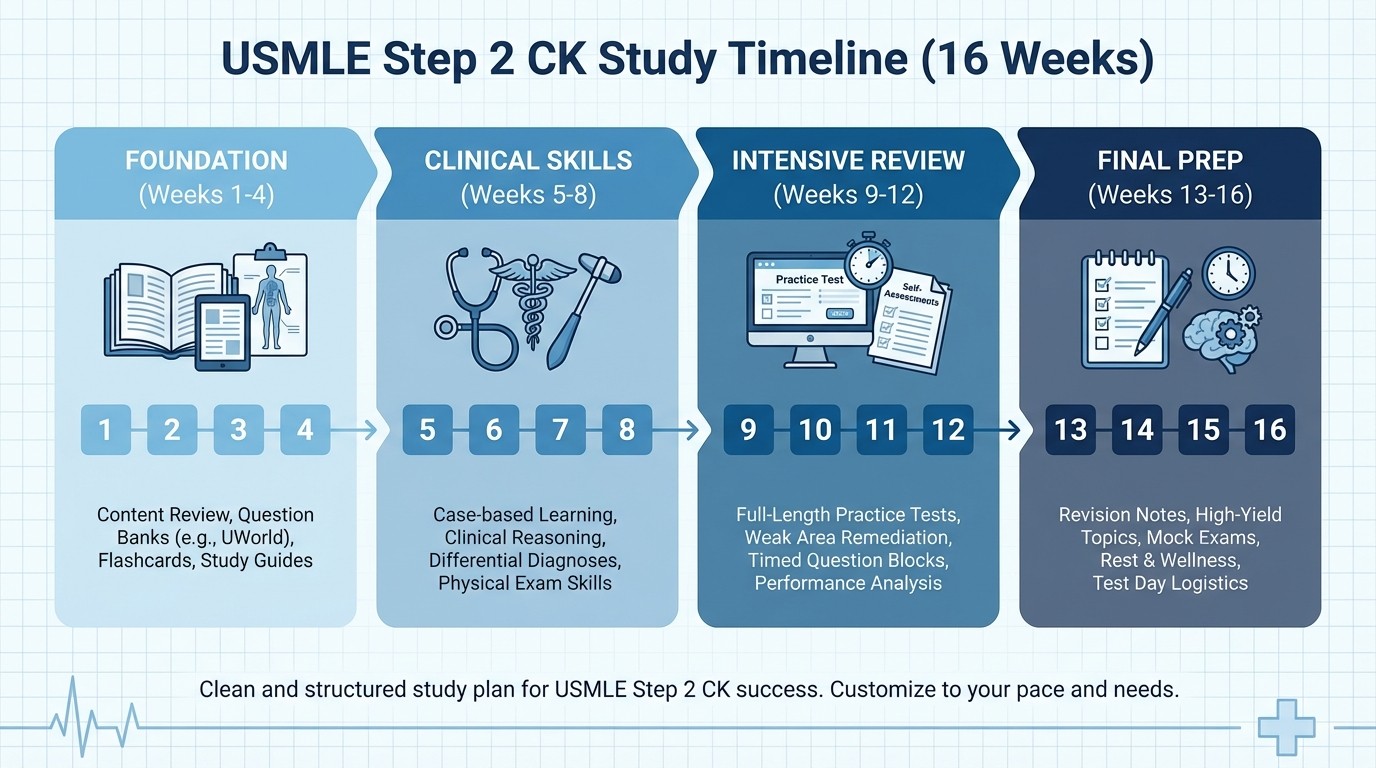 16-Week USMLE Step 2 CK Study Timeline - Phase-wise Preparation Schedule