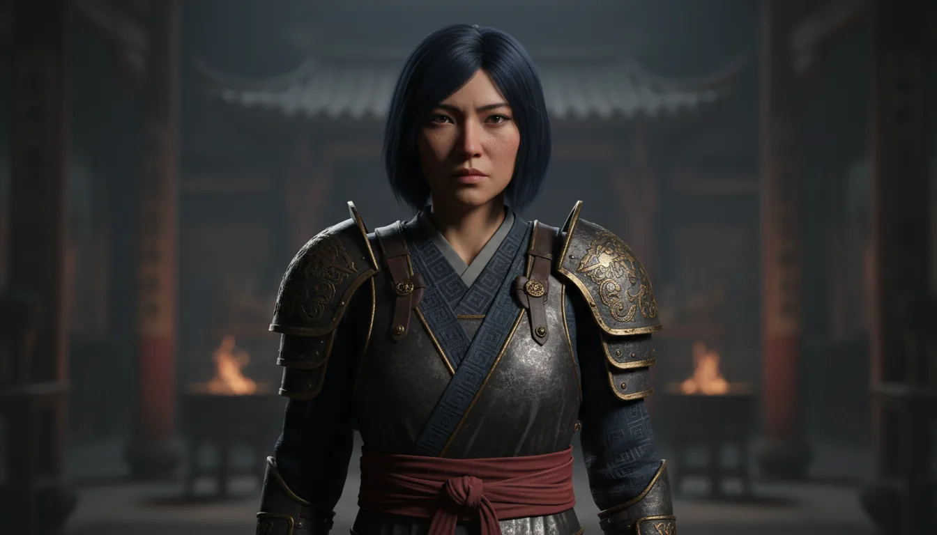 Hyperrealistic 3D character render from Autodesk Maya, medium portrait shot of a stoic East Asian female warrior with short dark blue-black hair and realistic skin texture. She wears intricate, weathered dark metal armor with elaborate gold filigree on the shoulder pauldrons, layered over a dark blue patterned tunic and a wide red sash. The scene is lit with cinematic contrast lighting, featuring a soft key light from the side that creates deep, dramatic shadows and highlights. The background is a dark, moody, and out-of-focus interior with a shallow depth of field.