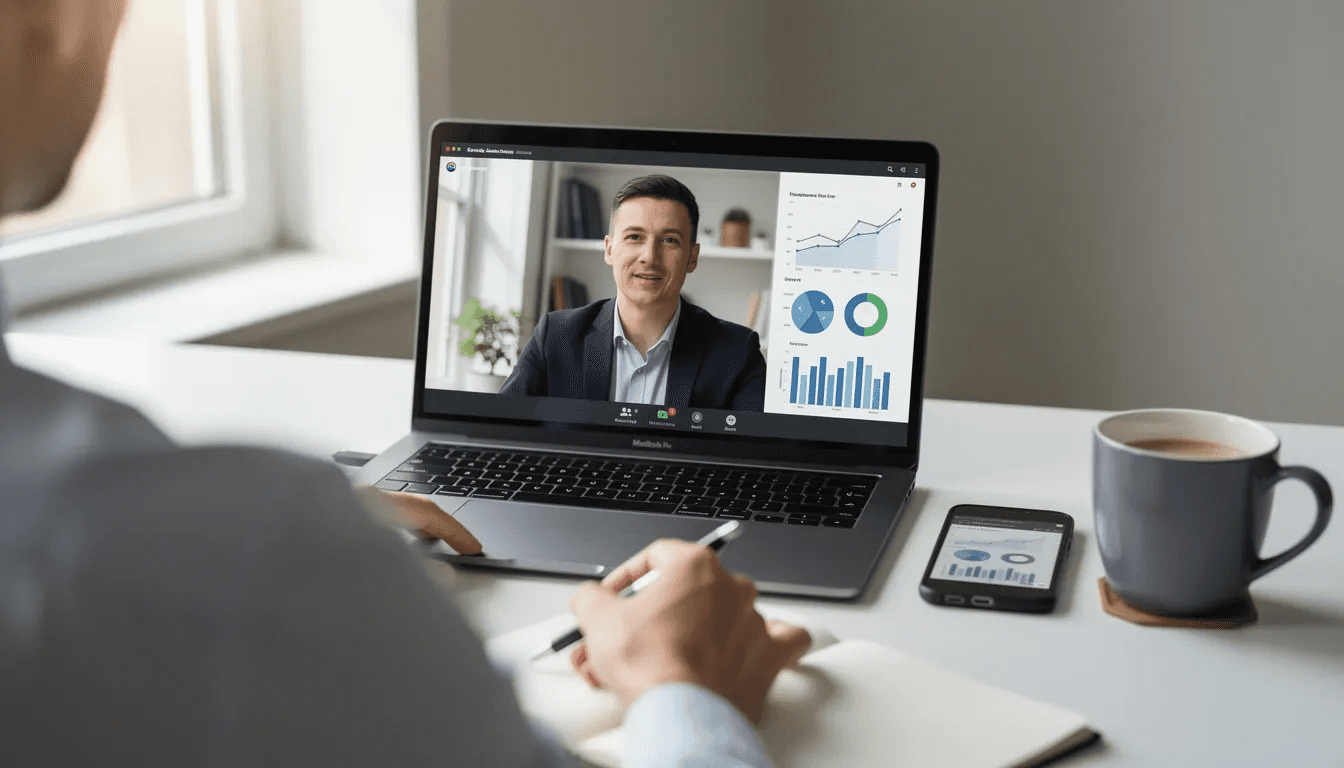A certified financial planner is engaged in a video call with a client, discussing personalized financial advice on a laptop screen. The interaction focuses on the client's financial situation, investment strategies, and long-term financial goals.