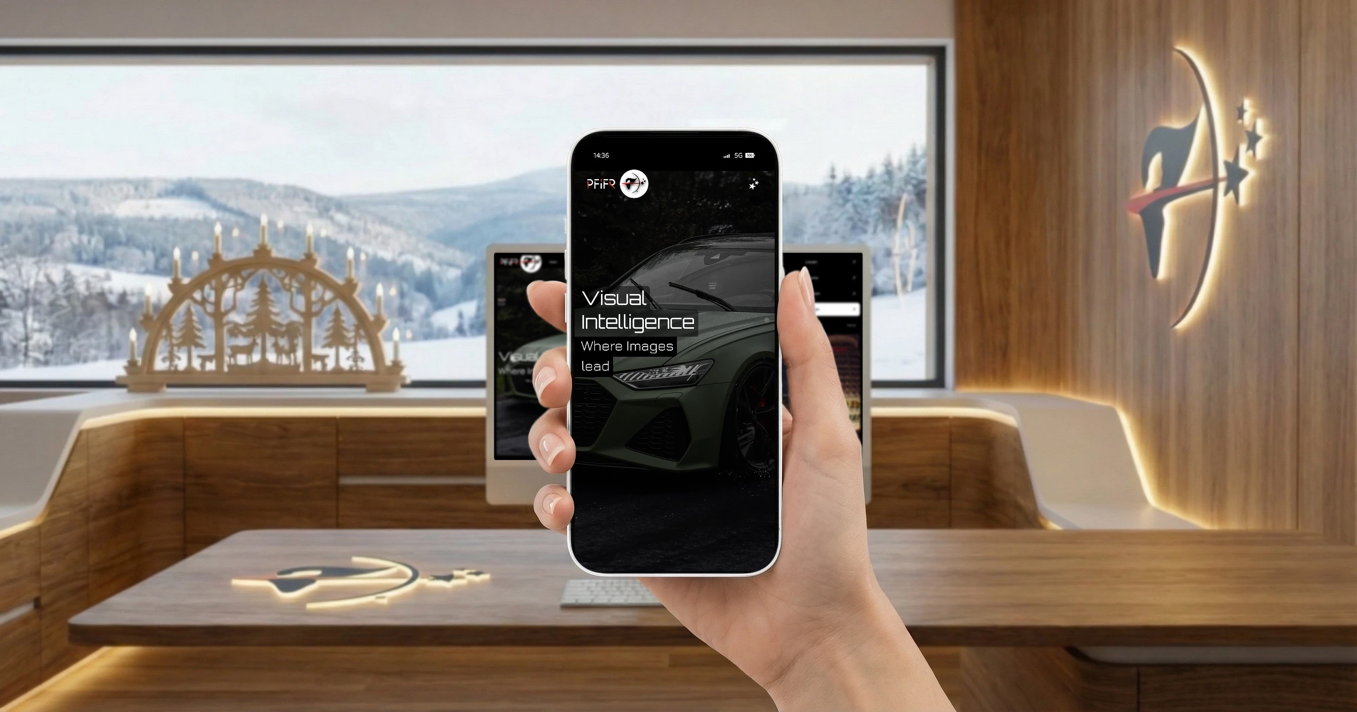 Hand hält ein iPhone mit der mobilen Ansicht der Website PFiFR® Visual Intelligence, dargestellt vor einem modernen Office-Interior mit Holztisch, iMac-Arbeitsplatz, großer Fensterfront und winterlicher Landschaft im Hintergrund.