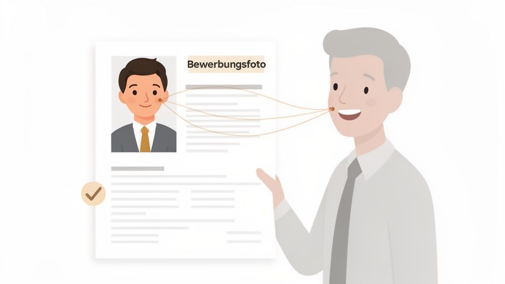 Ein älterer Mann betrachtet ein Bewerbungsfoto auf einem Lebenslauf mit zufriedenem Ausdruck.