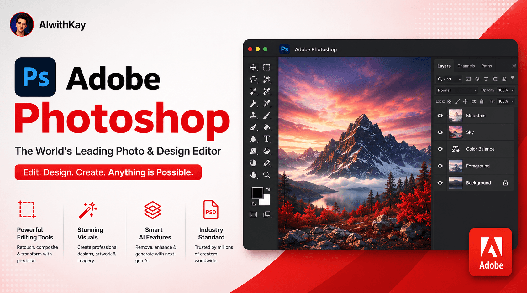 Adobe Photoshop photo editing and graphic design software featuring professional image editing tools, layers, retouching, compositing, generative AI features, and creative design capabilities