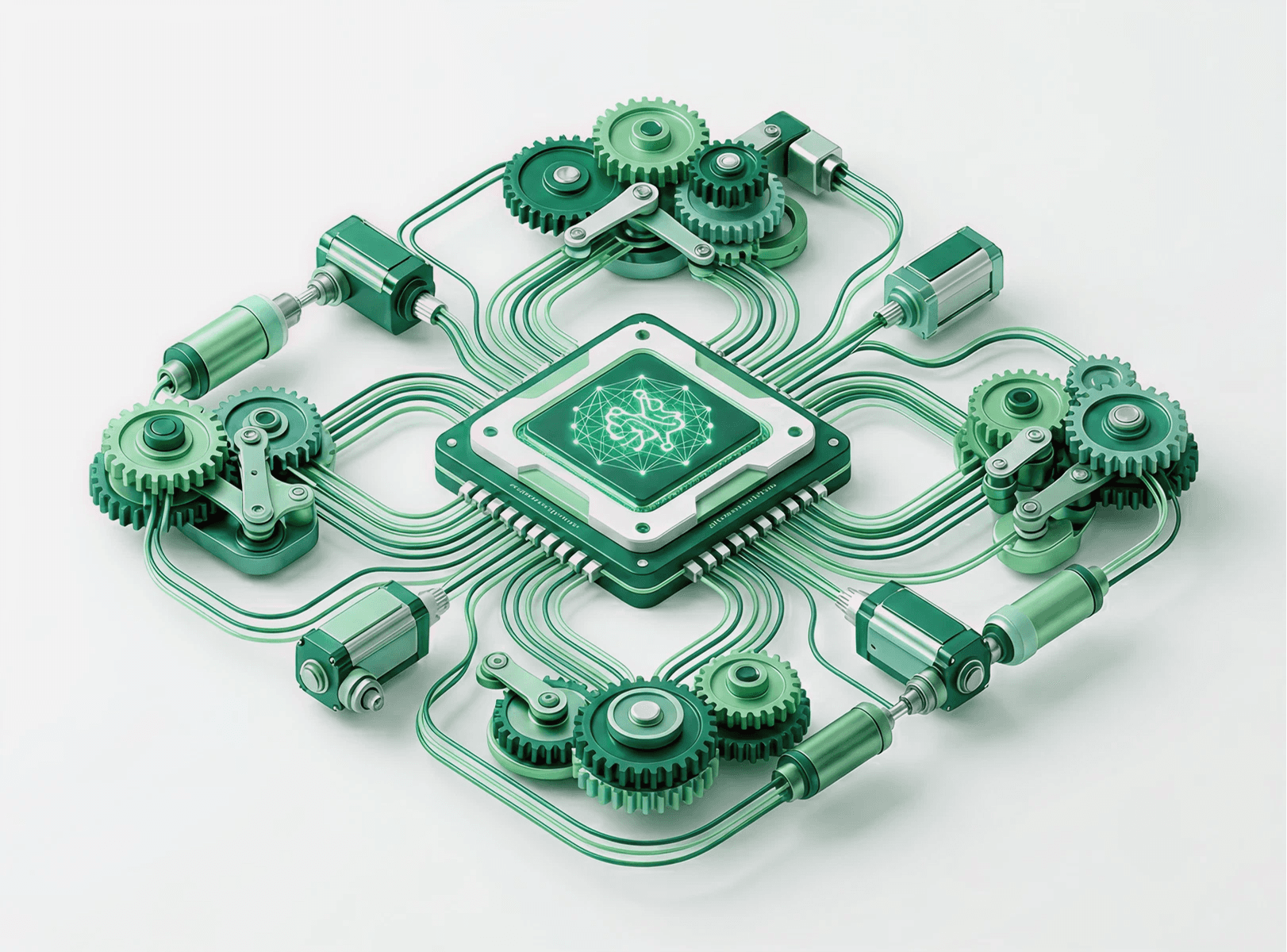 A central processor with an AI icon is connected by green wires to a system of gears and mechanical components.