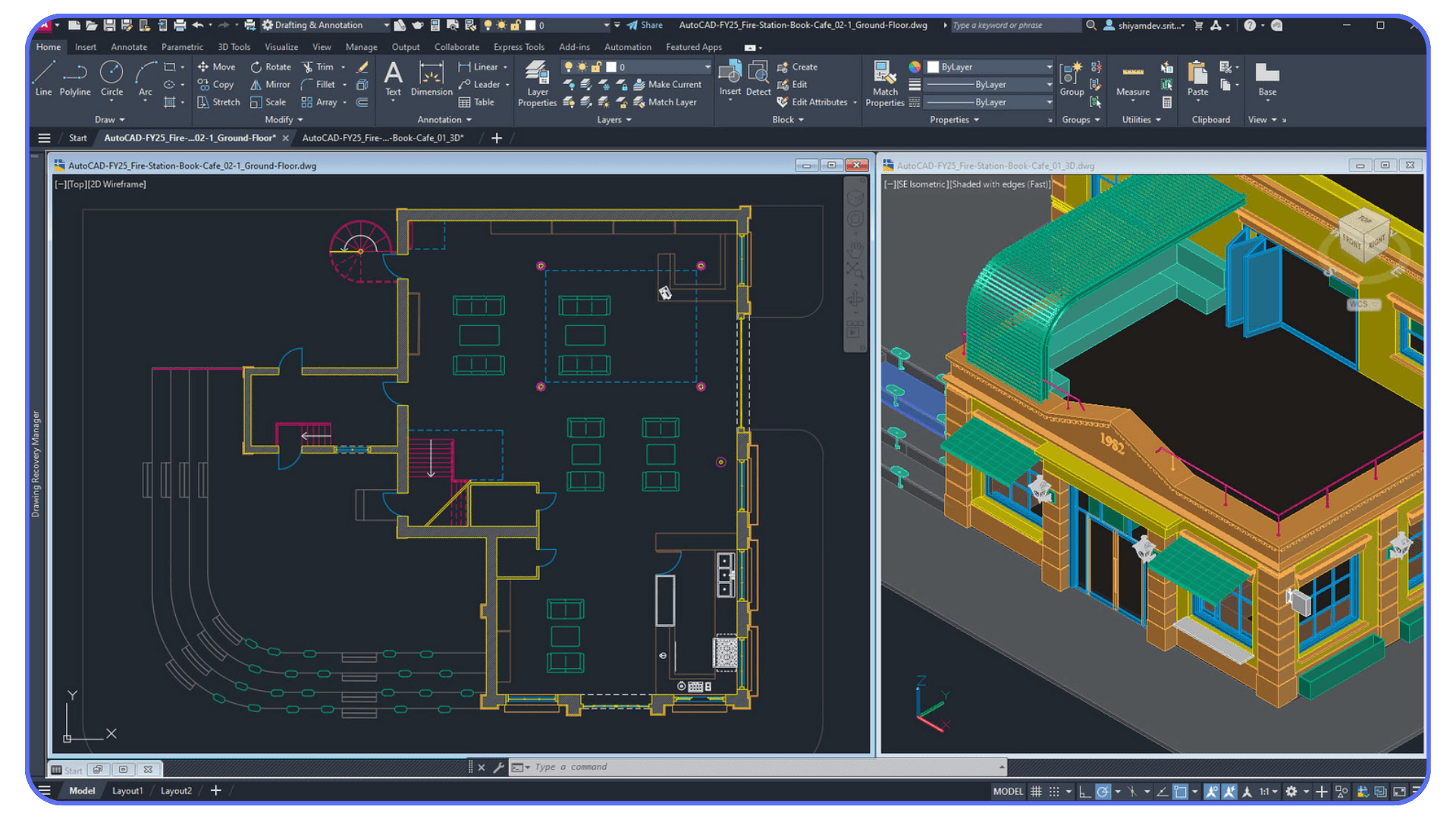 AutoCAD 2025 workspace showing a 2D floor plan and a 3D architectural model side by side, highlighting the need for balanced CPU and GPU performance.