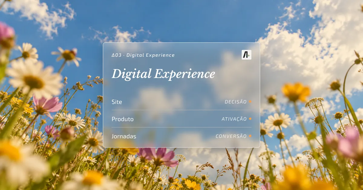 Campo de flores sob céu azul com card de vidro de Digital Experience (DEX): site, produto e jornadas.
