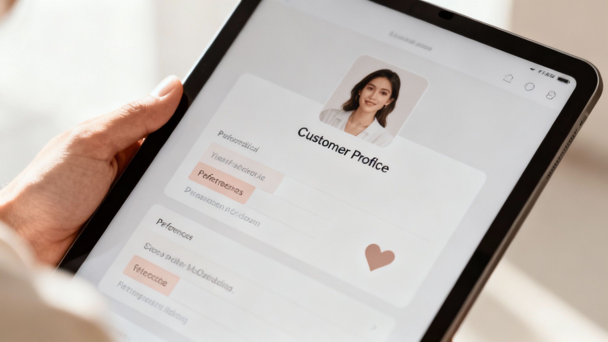Woman holding tablet displaying customer profile interface with personalized preferences and menu options
