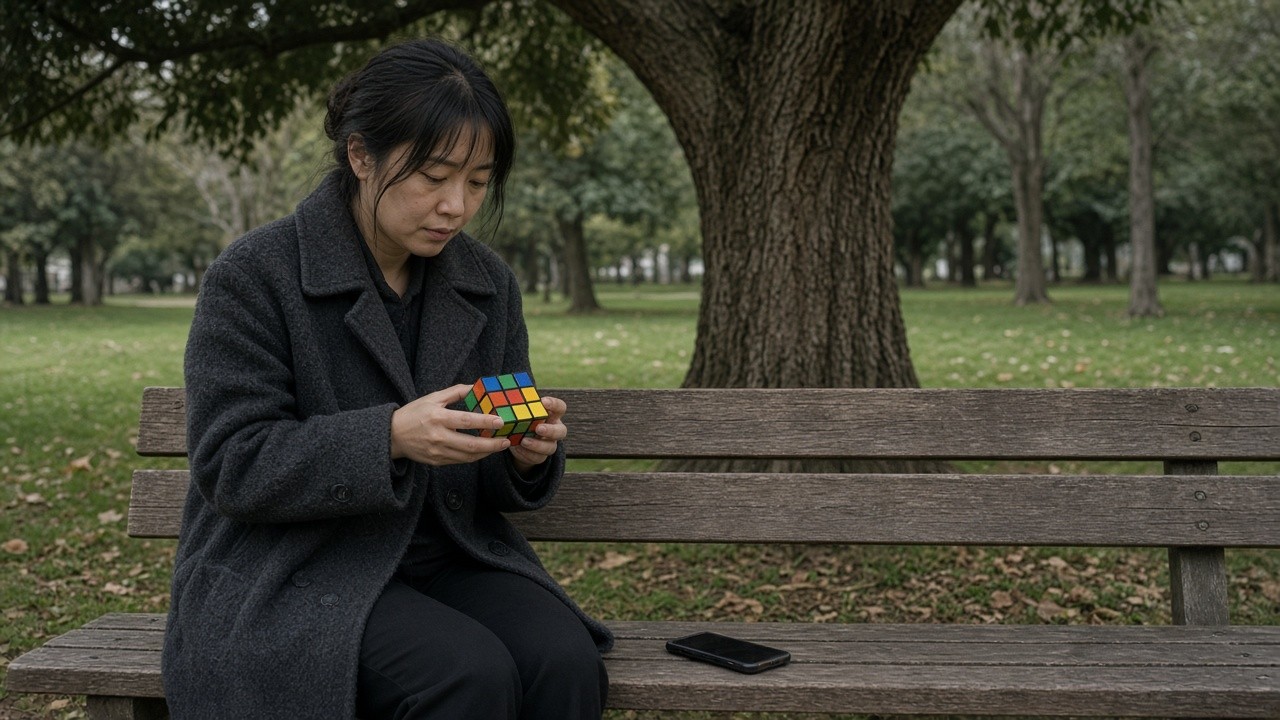 The image shows a woman seated on a wooden park bench outdoors, intently focused on solving a Rubik's Cube. She is wearing a dark gray coat and black pants, and her smartphone rests on the bench beside her. The background features green grass and numerous trees, creating a calm and natural park setting. This image can be used to illustrate concentration, problem-solving, cognitive activities, or leisure moments in outdoor environments.