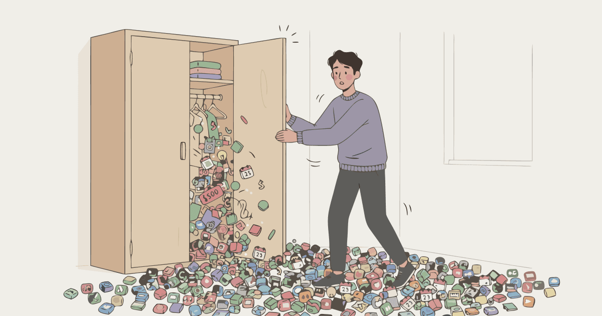 Illustration of a young man opening a wardrobe closet with price tags, dollar signs, and small colorful objects tumbling out onto the floor, surprised expression, on a cream background with hand-drawn doodle marks