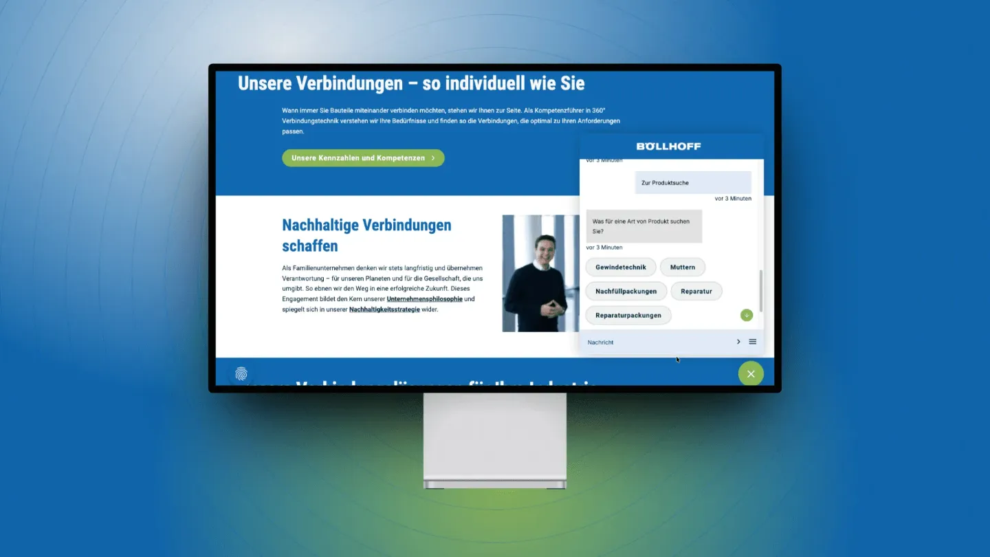 Ein Screenshot von der Homepage von Böllhoff - rechts der digitale Produktberater von Mercury.ai