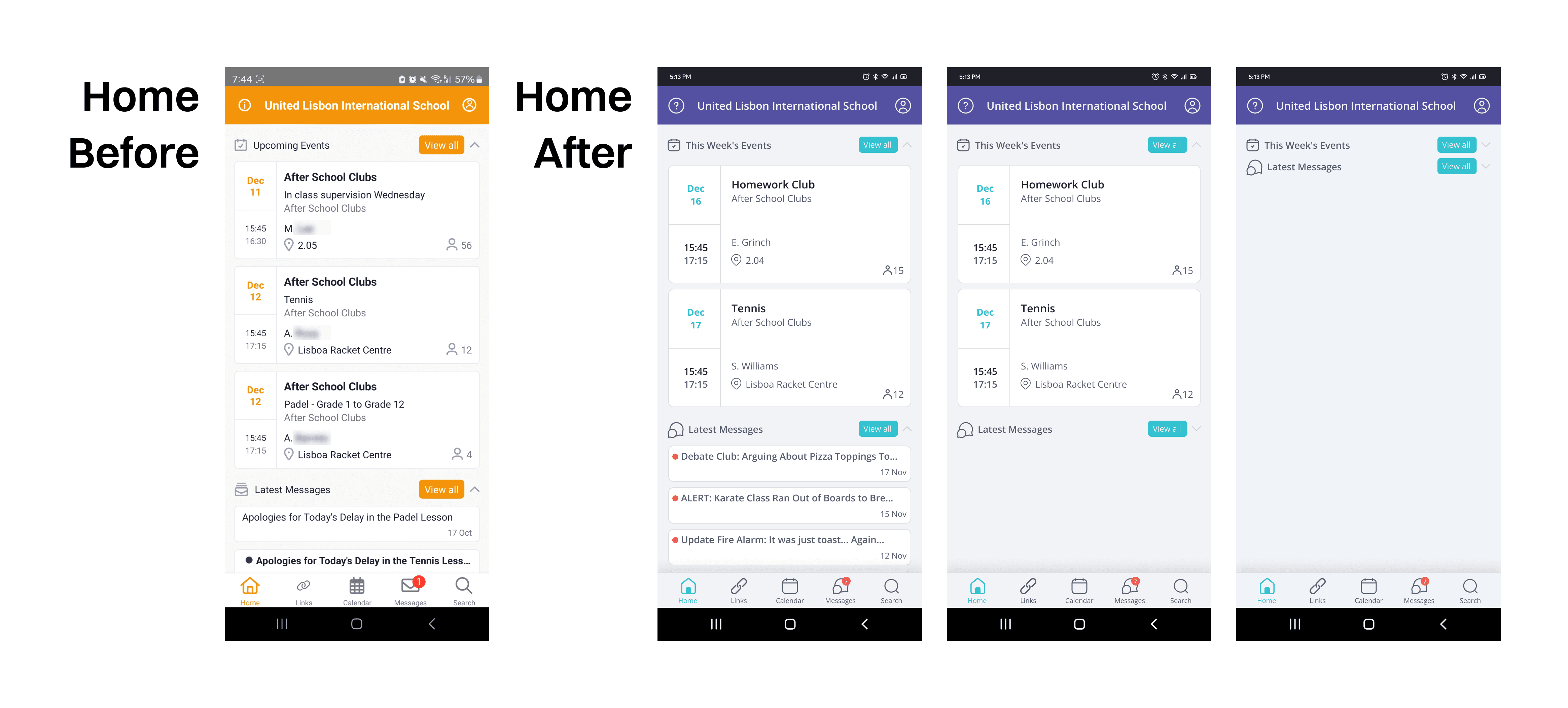 SchoolsBuddy home screen, before and after the redesign.