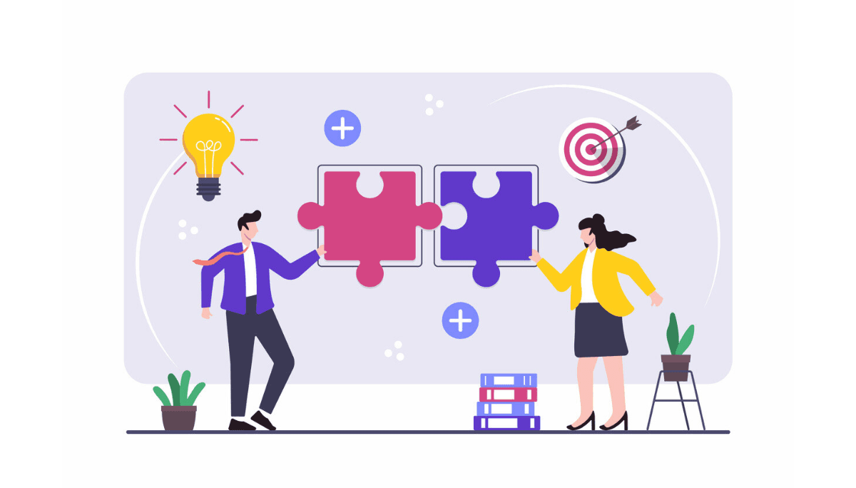 Illustration of two professionals connecting puzzle pieces with icons of a light bulb and target.