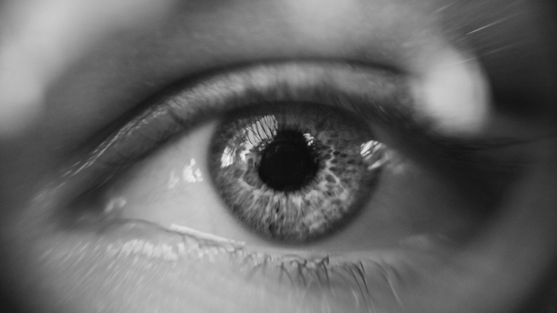 Extreme close-up black and white photograph of a human eye