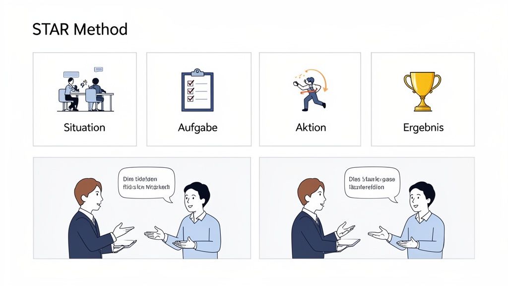 Darstellung der STAR-Methode mit vier Feldern (Situation, Aufgabe, Aktion, Ergebnis) und illustrierten Beispielen.