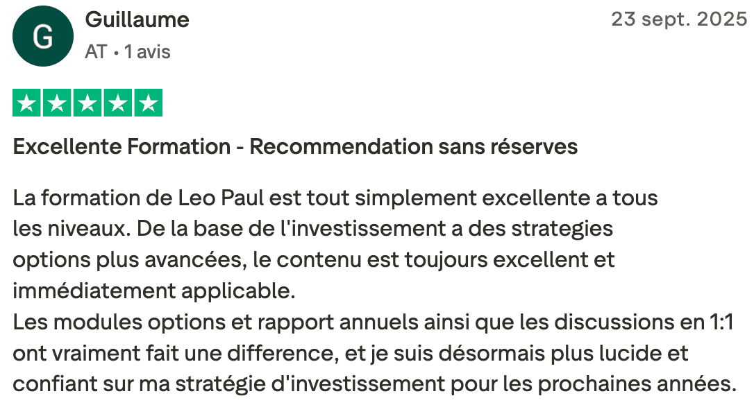 Avis Trustpilot 5 étoiles – Guillaume, Autriche, formation bourse et options avec coaching 1:1 Léo-Paul