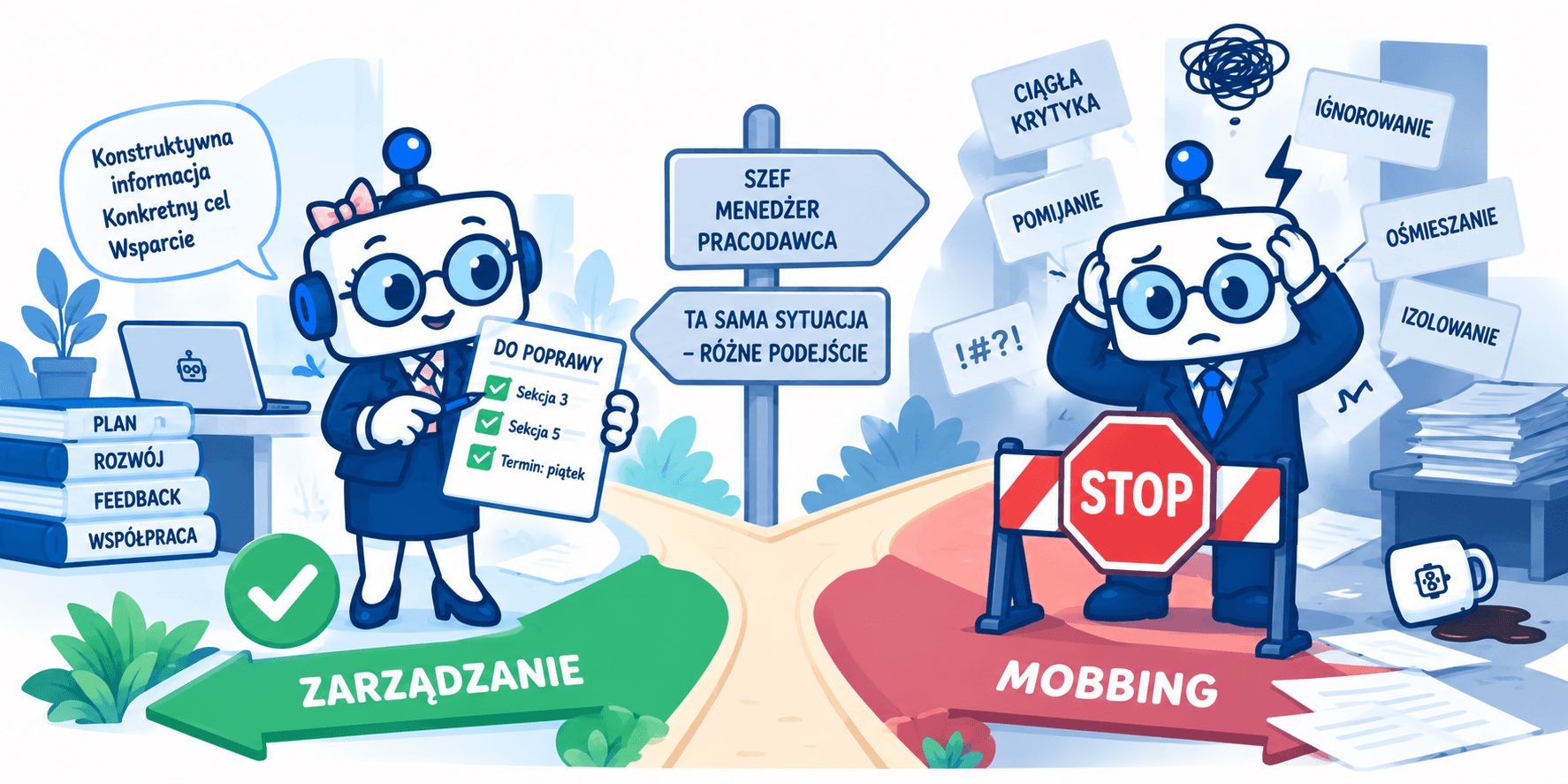 Roboty pokazują różnicę między zarządzaniem a mobbingiem.