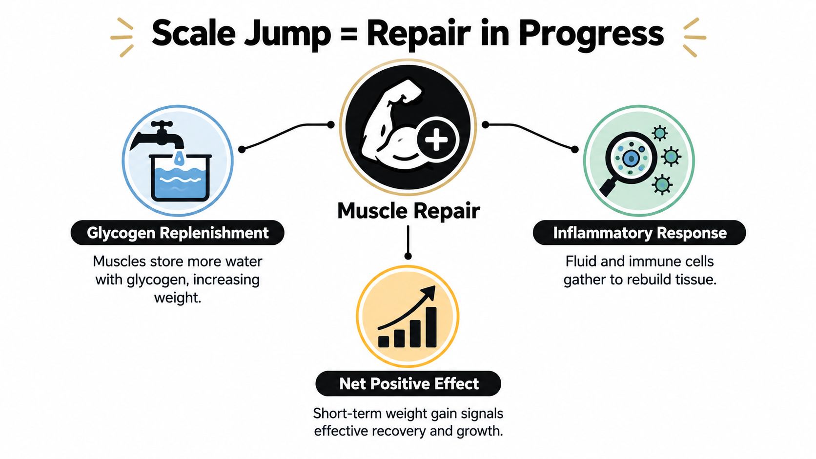 An infographic explaining how muscle repair and post-workout inflammation cause temporary weight gain on a scale.