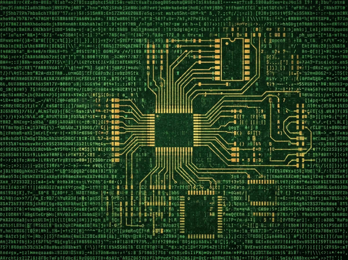 an intricate, detailed schematic of a central processing unit (CPU) and its surrounding circuit pathways.