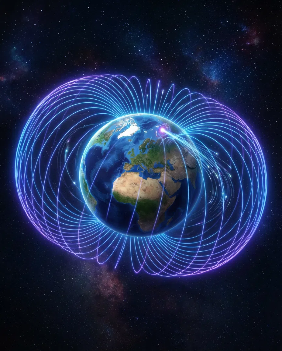 Conceptual visualization of Earth’s magnetic field and the shifting magnetic north pole
