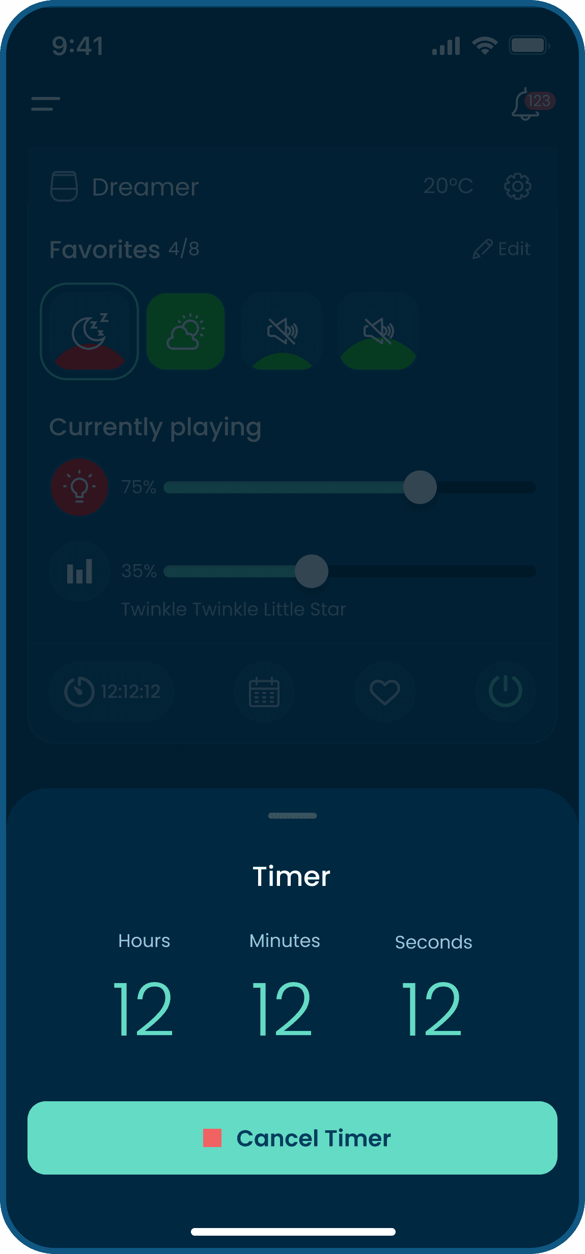 Cancel timer screen of baby sound and light machine in babysense mobile app