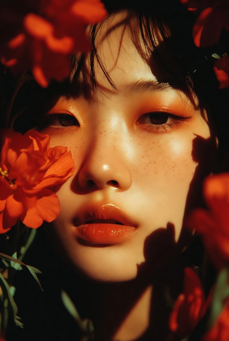 A woman with long dark hair and bold red lipstick looks over her shoulder, framed by vibrant red flowers, creating a warm and intimate mood.