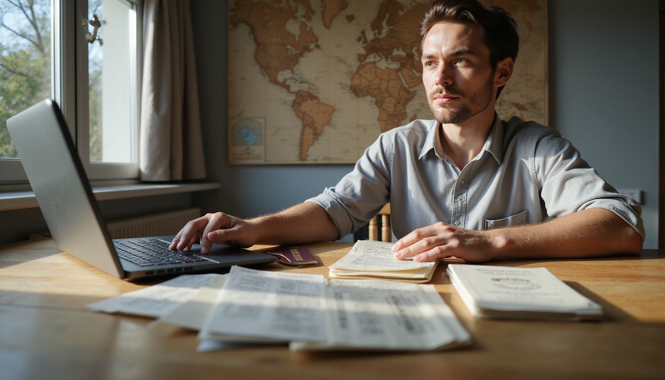 A person prepares travel documents at a wooden table.