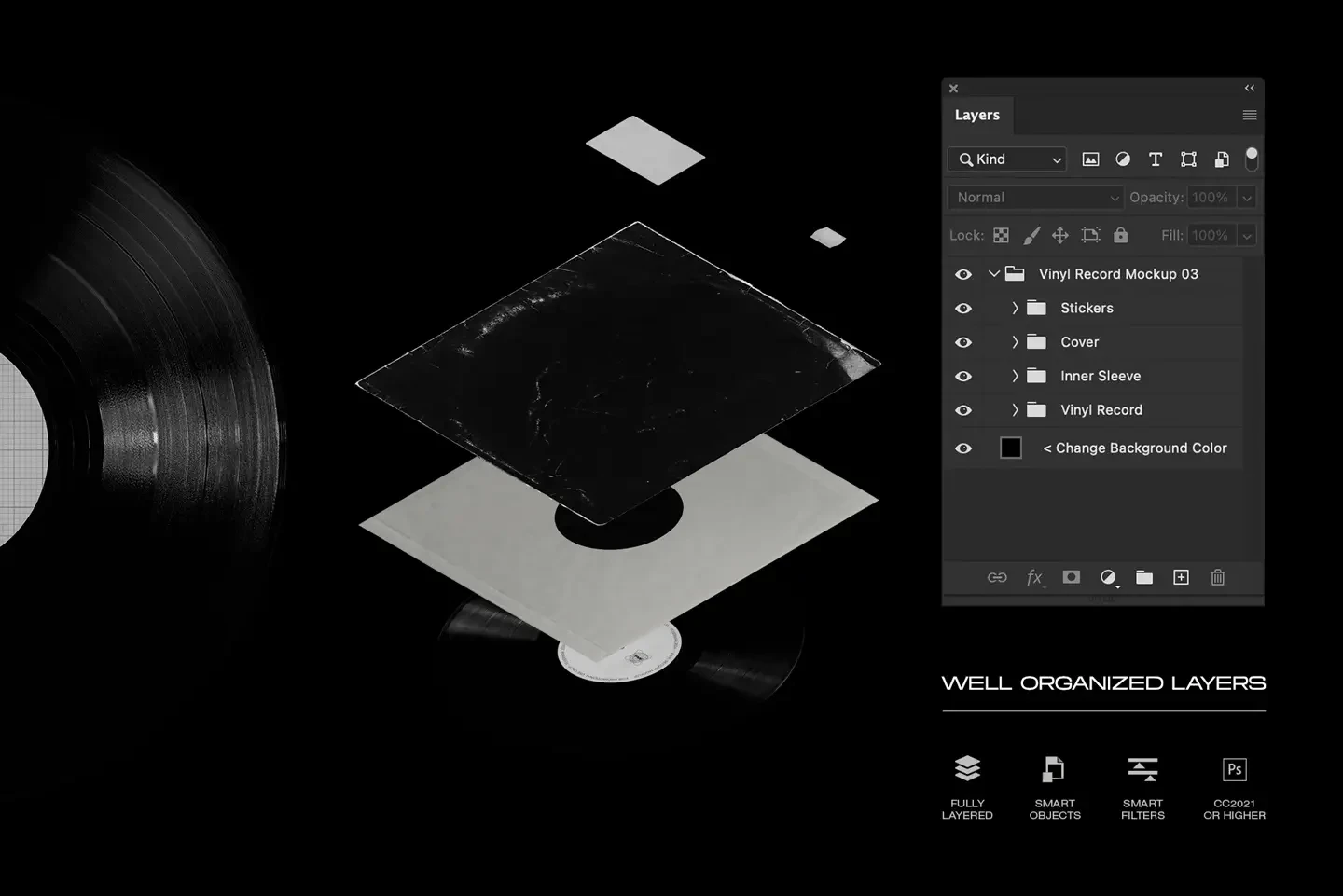 Vinyl record mockup Photoshop template with smart objects and organized layers