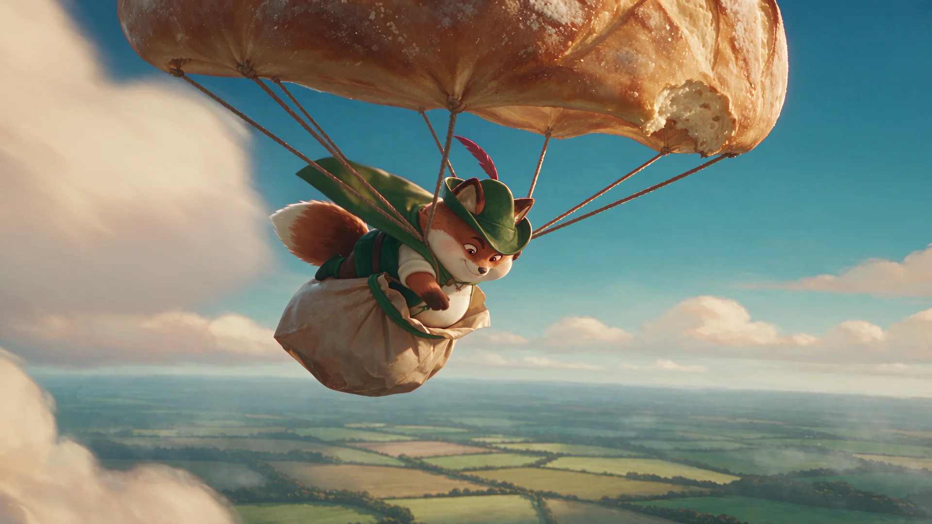 Robin gliding beneath a bread parachute