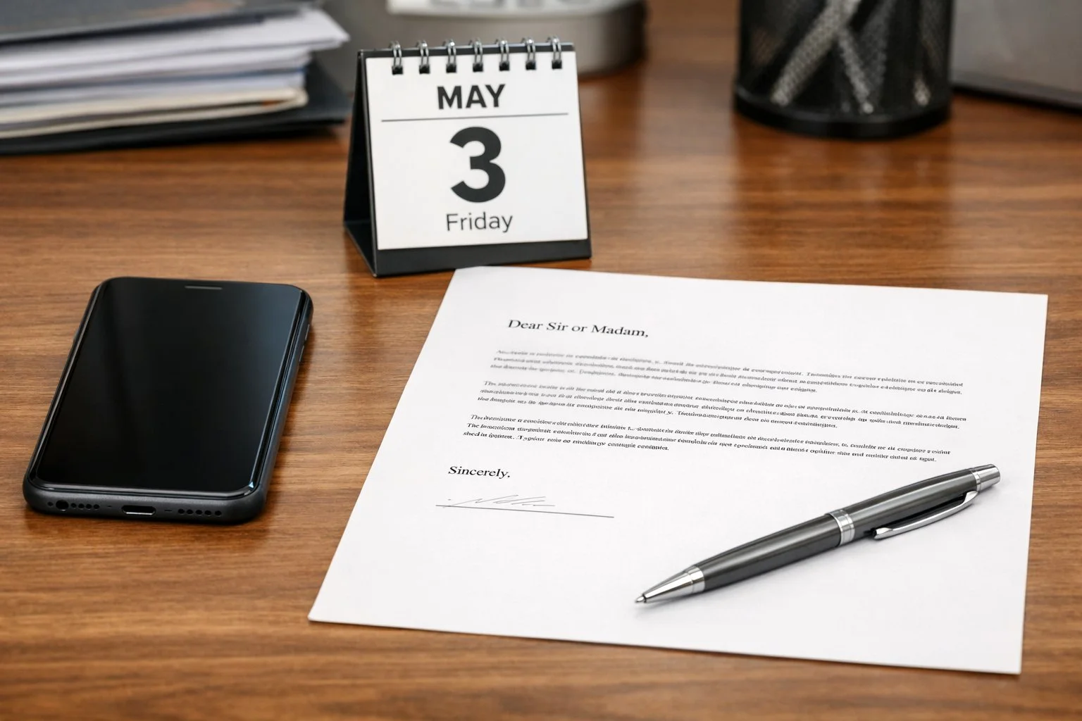Phone and letter placed side by side on a desk next to a small calendar marked with an upcoming date, suggesting early communication and action.