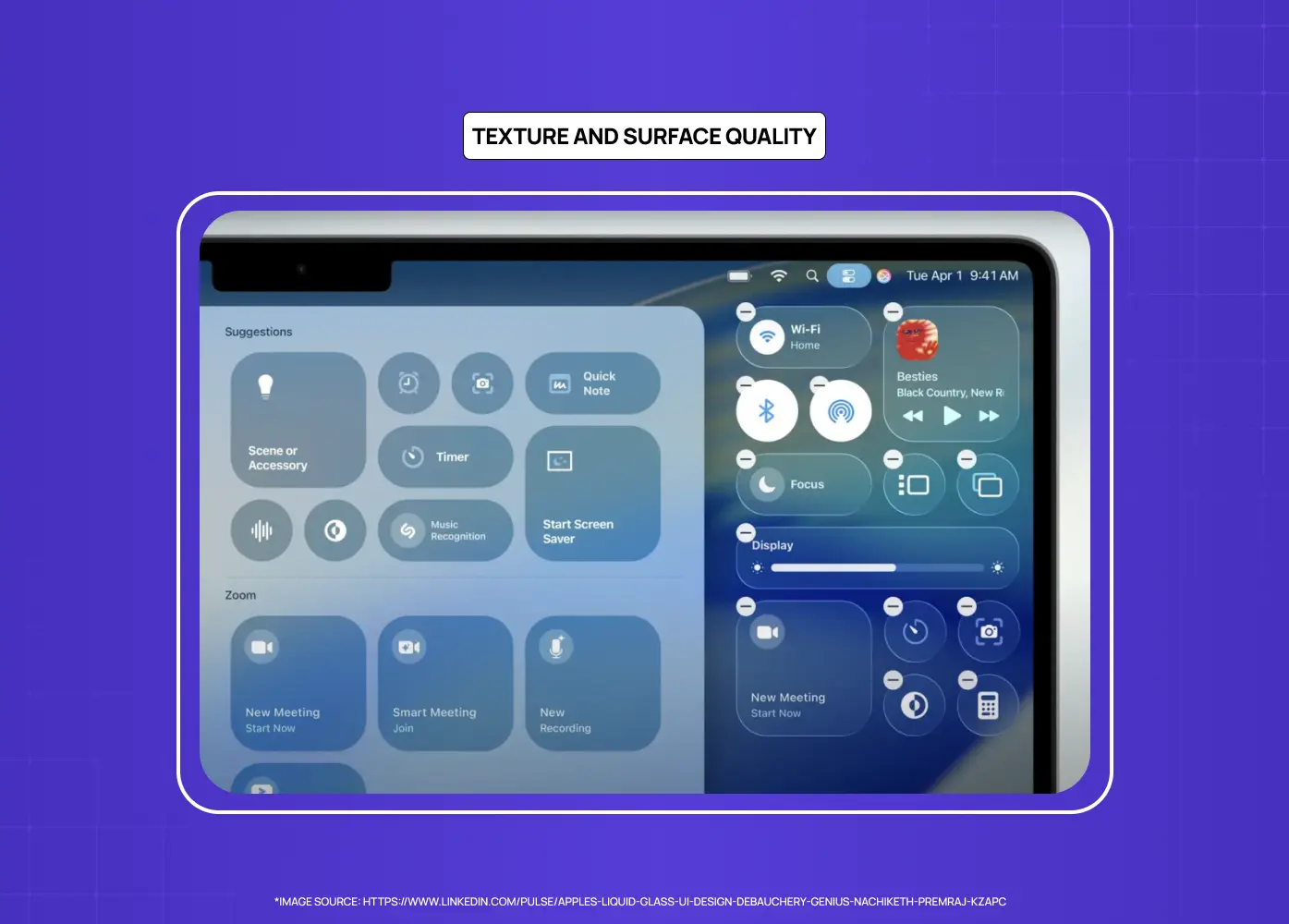 Example of Apple’s Liquid Glass UI showcasing translucent layers, depth, and realistic surface textures.