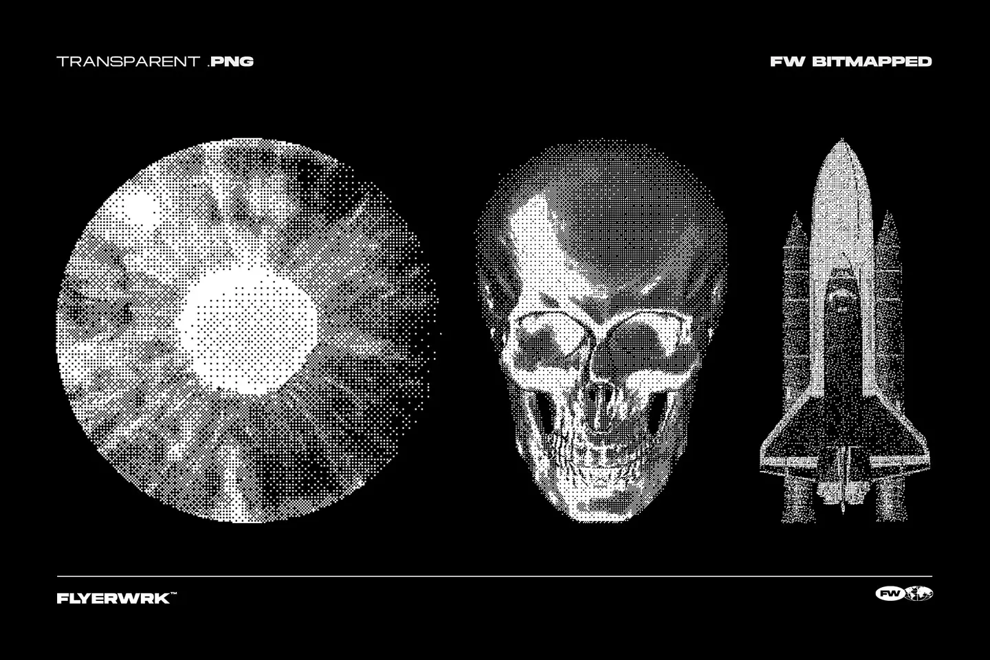 Bitmapped design elements high resolution halftone skull and space shuttle rocket on transparent PNG background