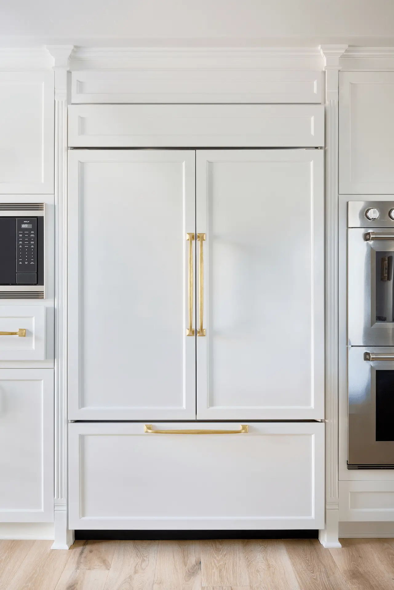 Portrait close up of the panel ready Sub Zero Fridge from this Ladera Ranch Remodel project. Photo by Todd Huge.