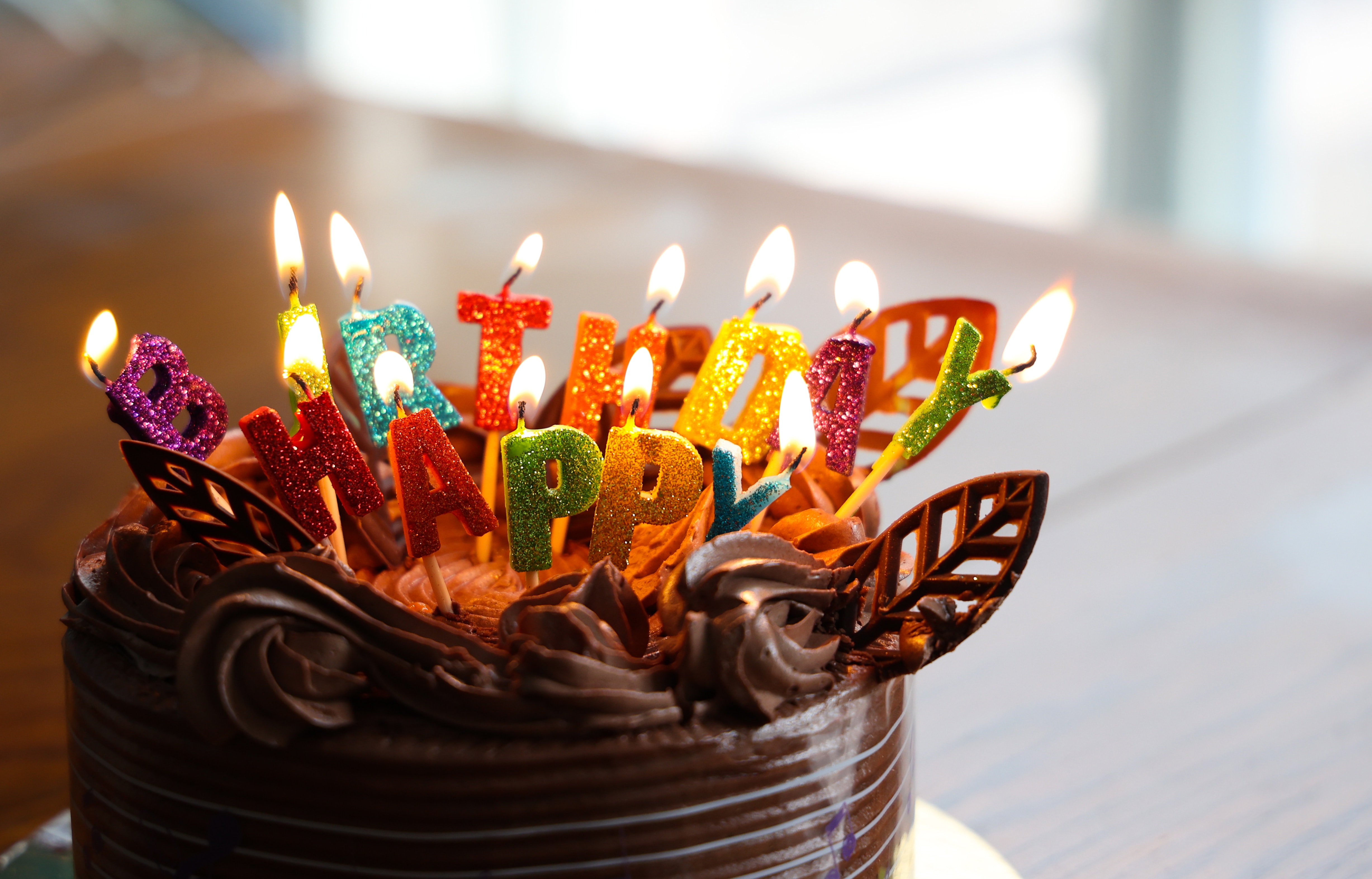 A chocolate “Happy Birthday” cake