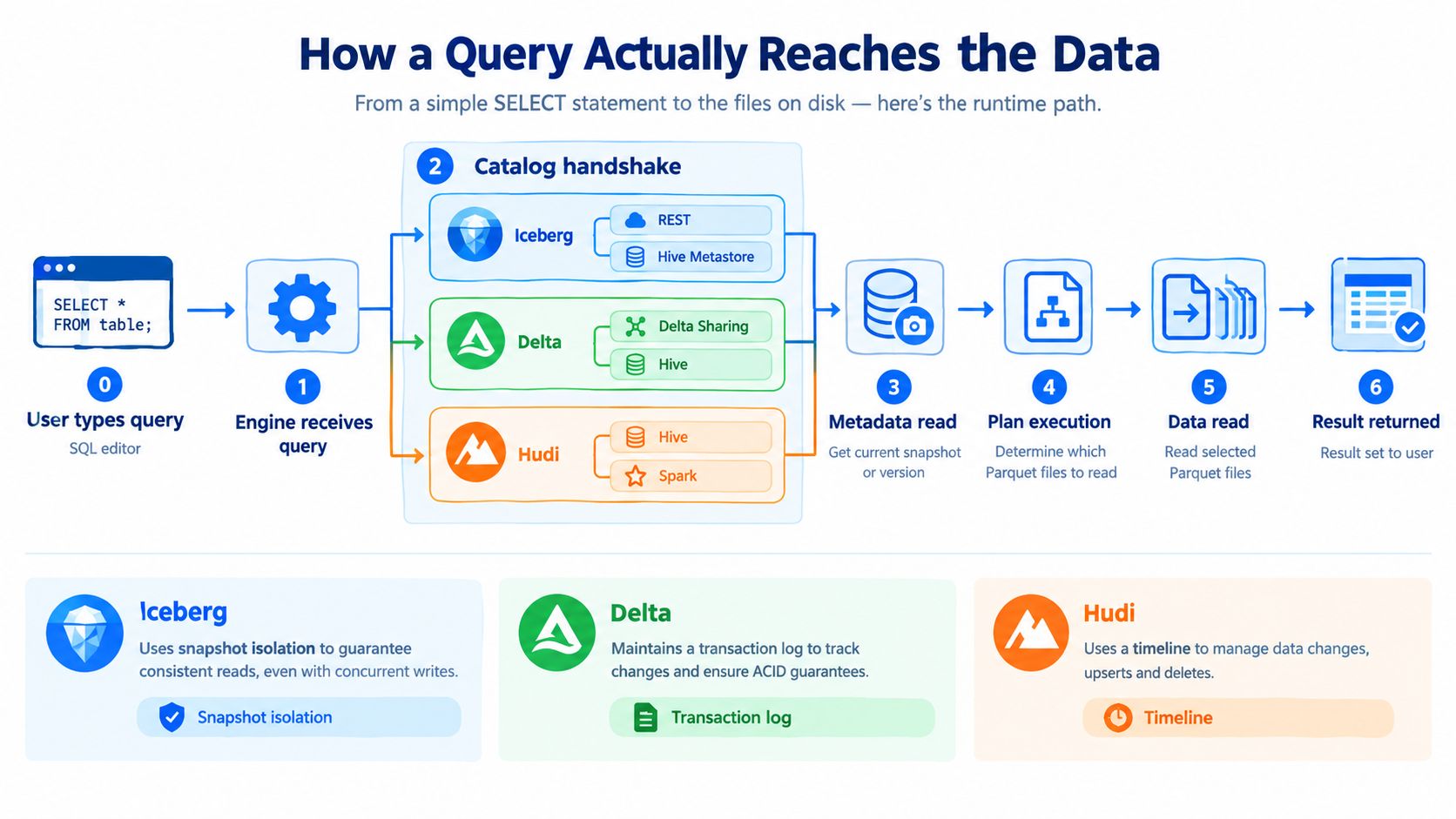 A diagram illustrating how a SQL query travels through catalog handshakes and metadata reading to fetch data.